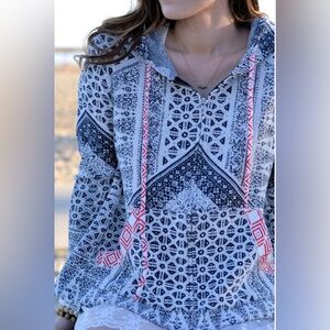 Anama Navy Blue & White Geometric Print High Low Hem Zip Up Hoodie